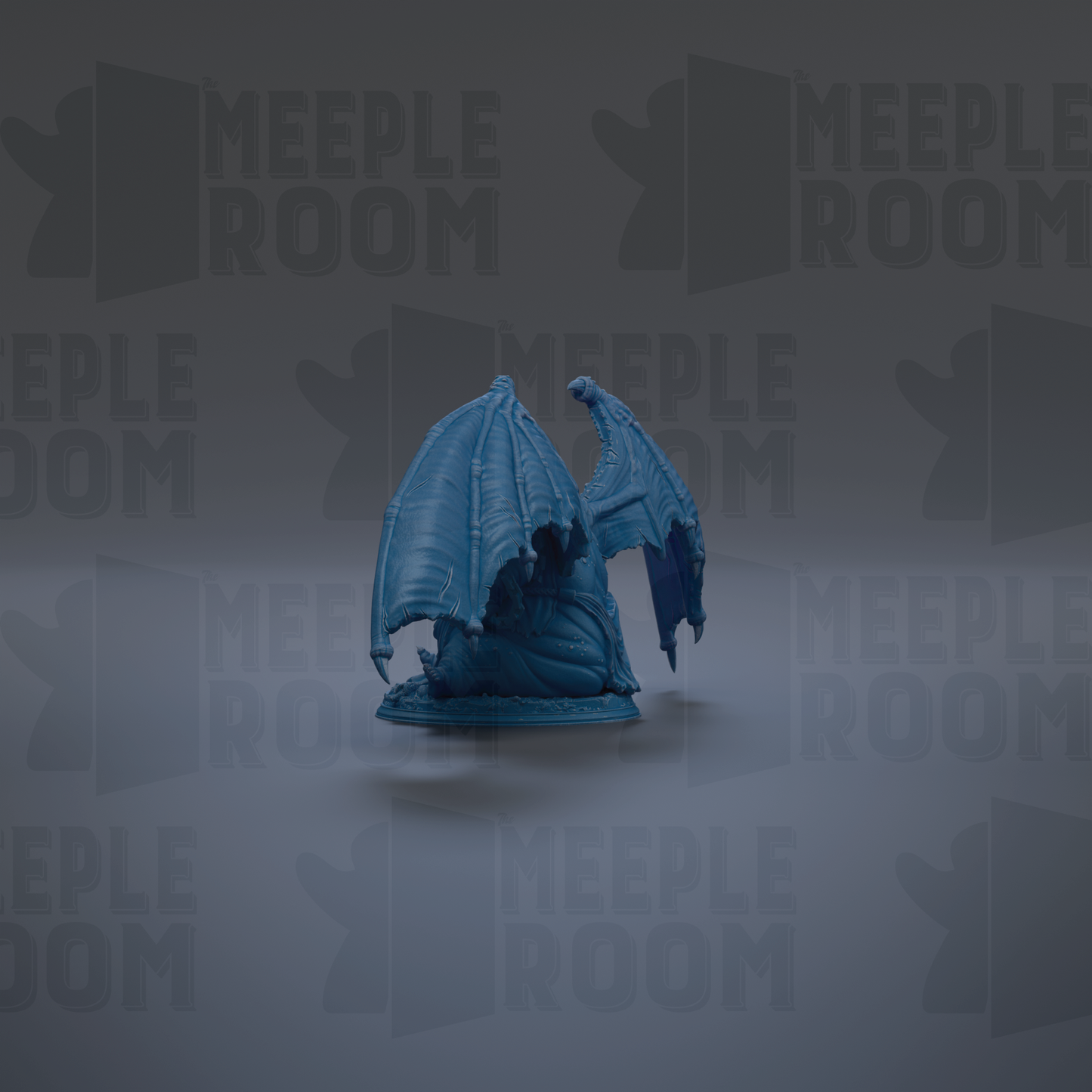 A blue dragon figurine is shown against a dark background with repeated text.