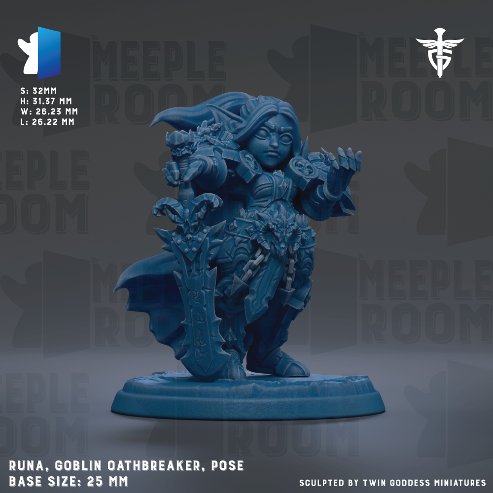 The image is a detailed 3D model of a blue-colored female character, likely a female warrior or deity, posed on a base. The character is holding a sword and appears to be in a fighting stance. The image is described as a "base size: 25mm" and is "sculpted by TWIN GODESS MINIATURES".