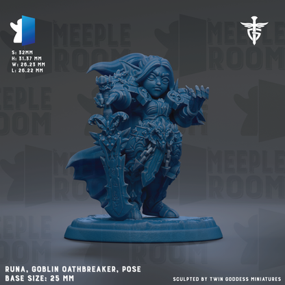 The image is a detailed 3D model of a blue-colored female character, likely a female warrior or deity, posed on a base. The character is holding a sword and appears to be in a fighting stance. The image is described as a "base size: 25mm" and is "sculpted by TWIN GODESS MINIATURES".
