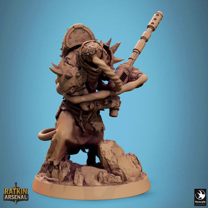 A 3D model of a heavily armored and armed character, possibly a warrior or knight, standing on a rocky base against a blue background.
