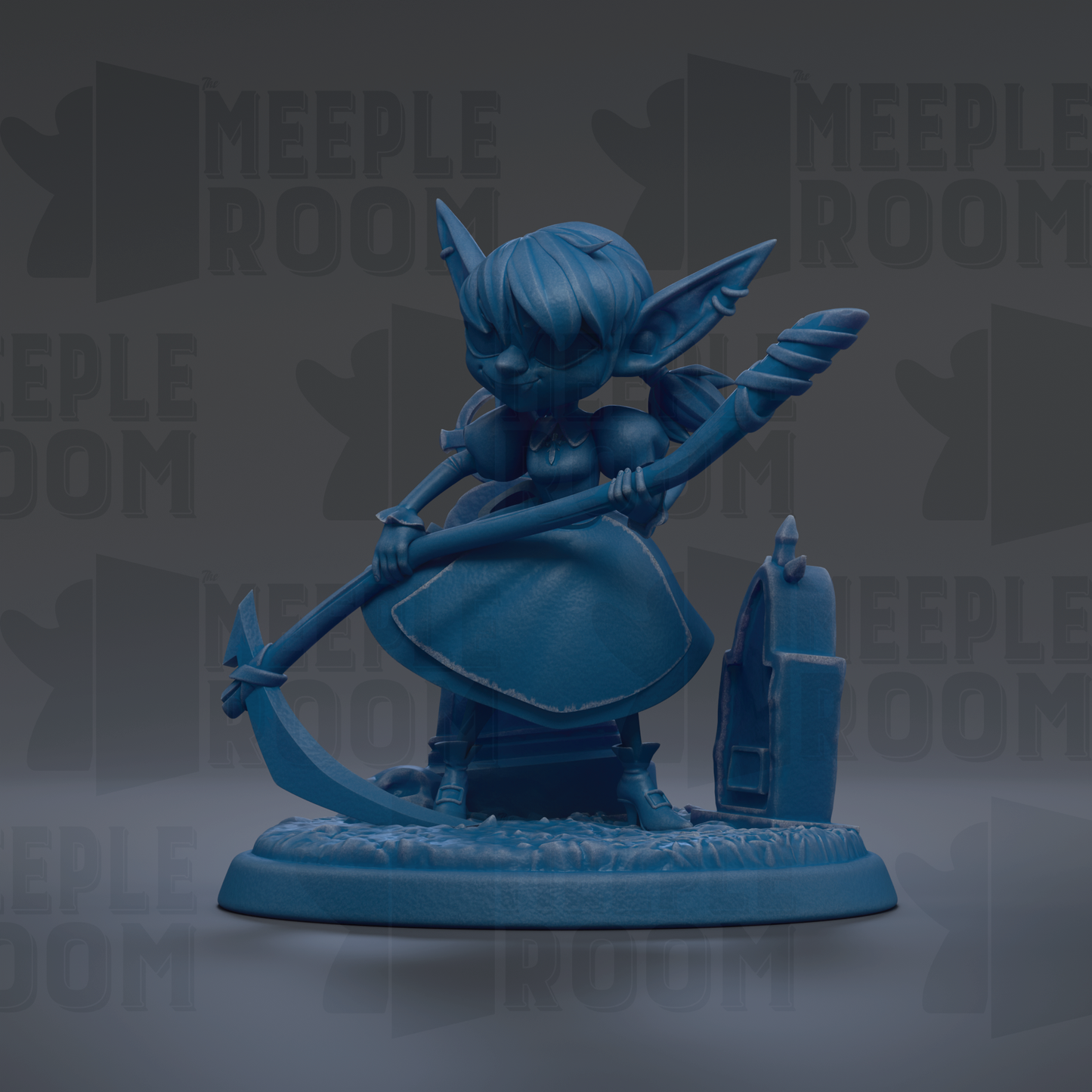 A blue figurine of a fairy or elf-like character holding a staff and standing on a platform.