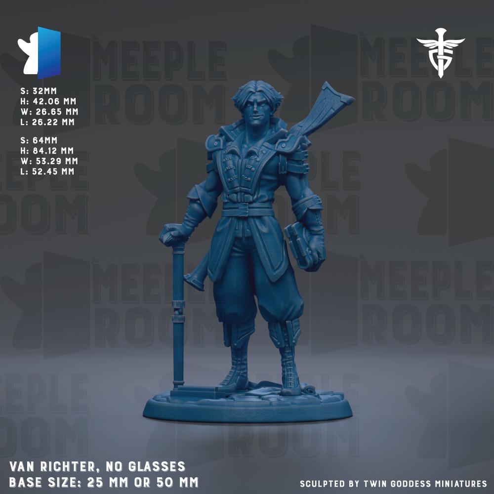 a blue figurine of a man holding a sword and a shield, standing on a base. The figurine is described as being 25mm or 50mm tall and is made of a material called "Meeple Room". The image is a collage of multiple images, and it is not a single image but a collection of images. The base size of the figurine is either 25mm or 50mm. The figurine is described as being "van Richter, no glasses" and is "sculpted by Twin Goddess miniatures".