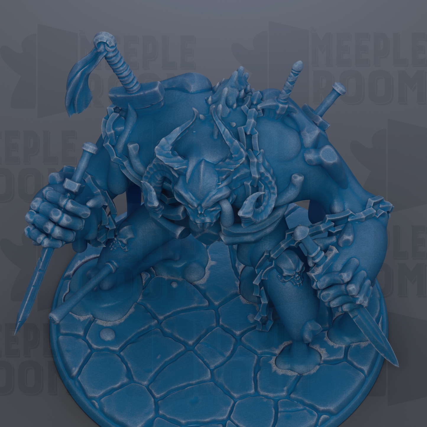 A detailed 3D rendering of a blue, fantastical creature with horns, chains, and a fierce expression, standing on a rocky surface.