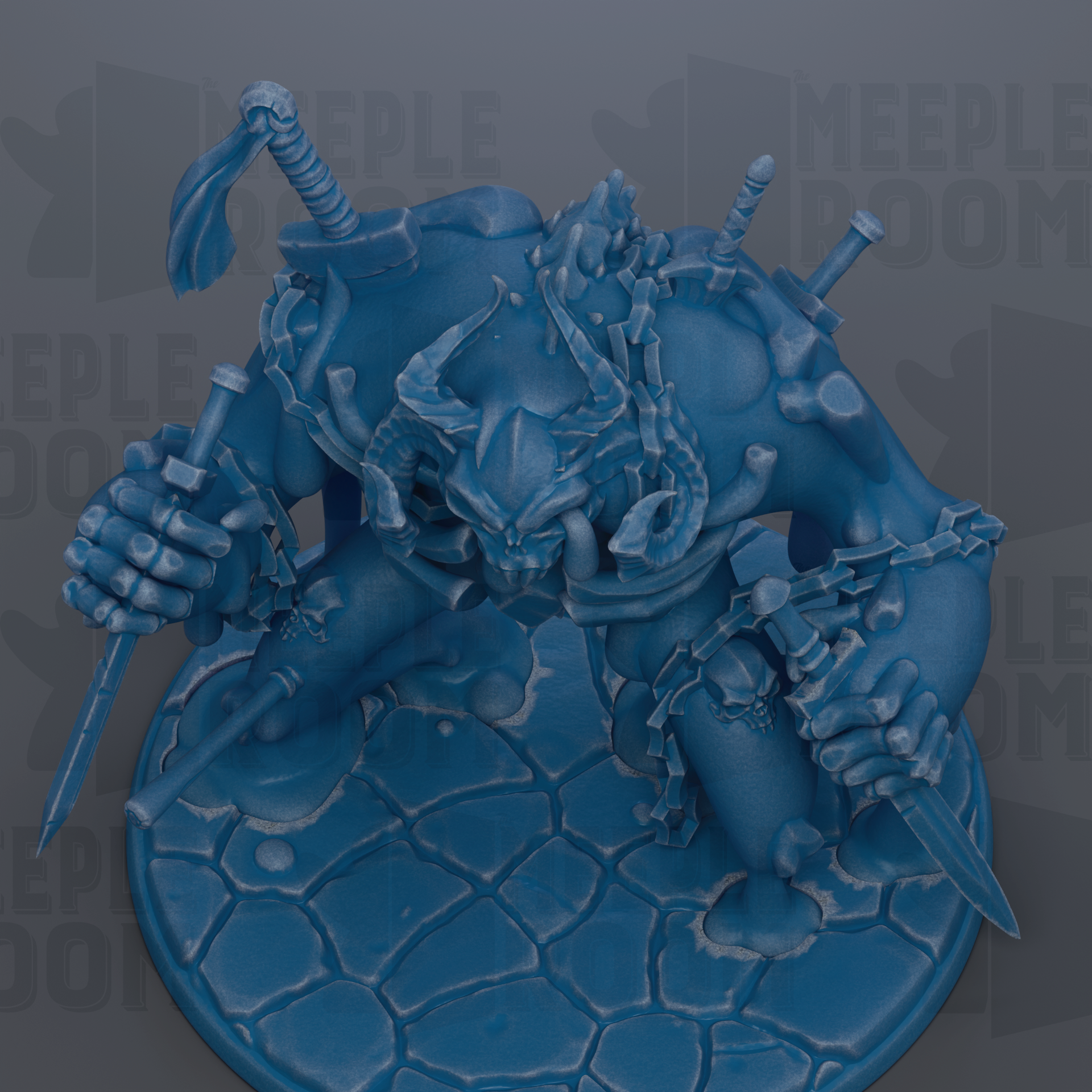 A detailed 3D rendering of a blue, fantastical creature with horns, chains, and a fierce expression, standing on a rocky surface.