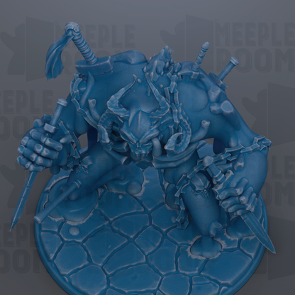 A detailed 3D rendering of a blue, fantastical creature with horns, chains, and a fierce expression, standing on a rocky surface.