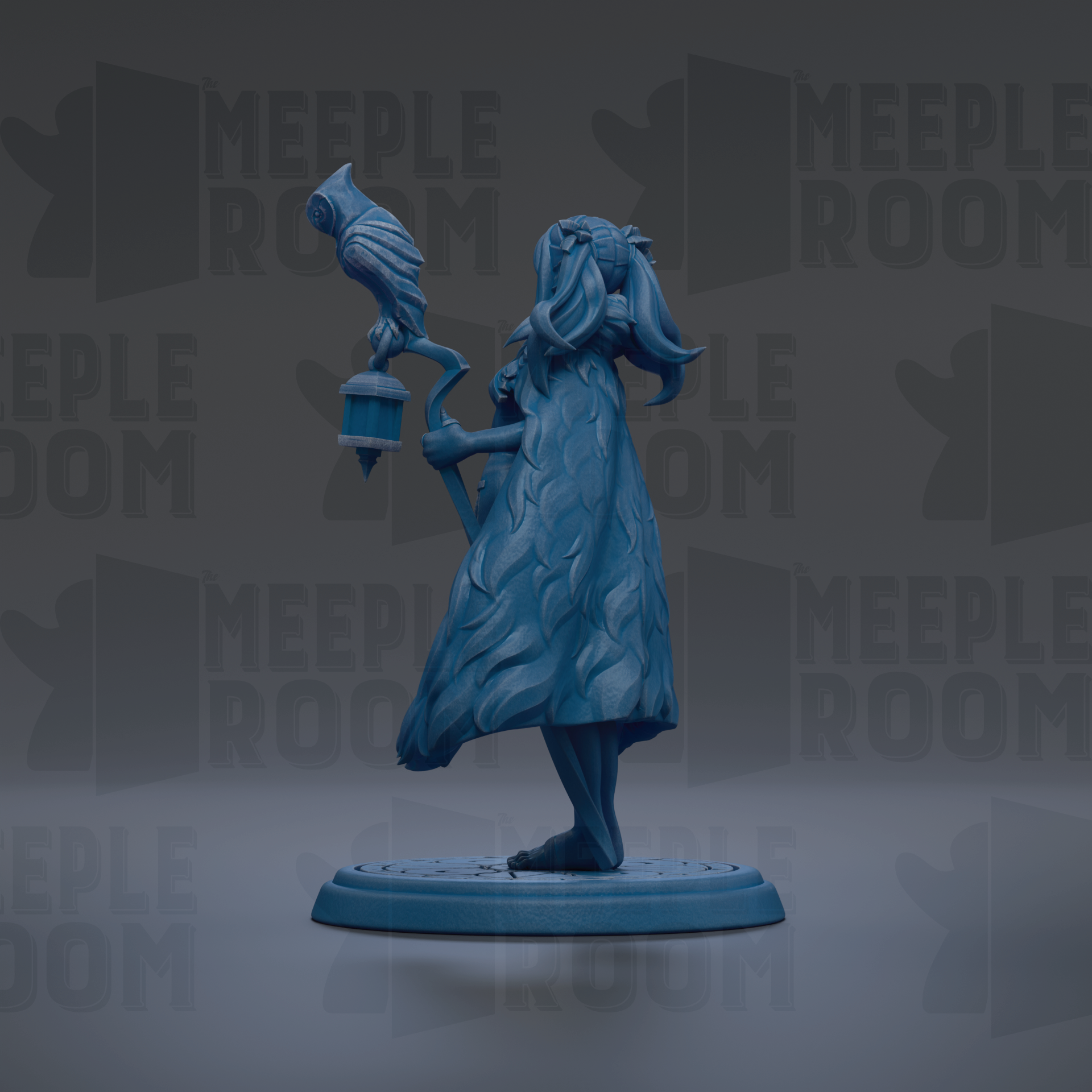 A blue figurine of a woman holding a lantern and a bird, standing on a circular base.