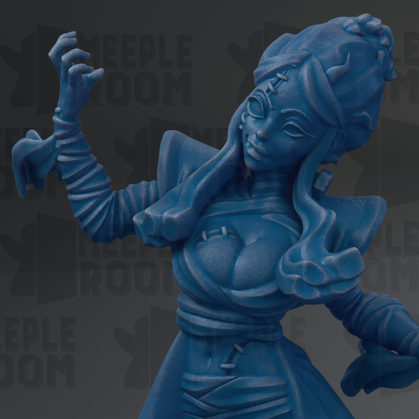 A blue, sculpted figure with an intricate design and flowing hair poses in a dynamic pose against a dark background.