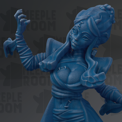 A blue, sculpted figure with an intricate design and flowing hair poses in a dynamic pose against a dark background.
