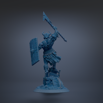 A blue, 3D-rendered warrior figure stands on a base, holding a shield and sword, ready for battle.