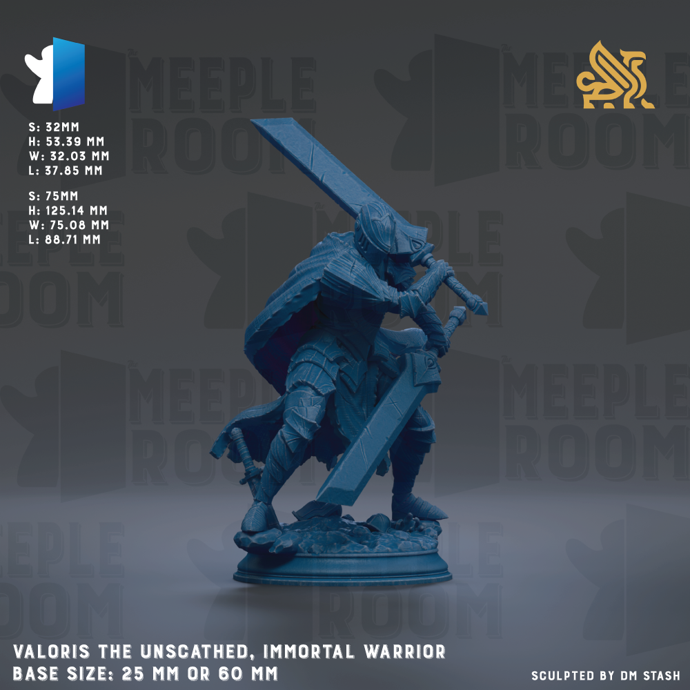 a blue figurine of a warrior wielding a sword and shield, standing on a base. The figurine is described as "Valoris the Unscathed, Immortal Warrior" and is shown in various sizes, including 25mm and 60mm. The image is a collage of multiple images, and the phrase "Sculpted by DM Stash" is mentioned at the bottom.