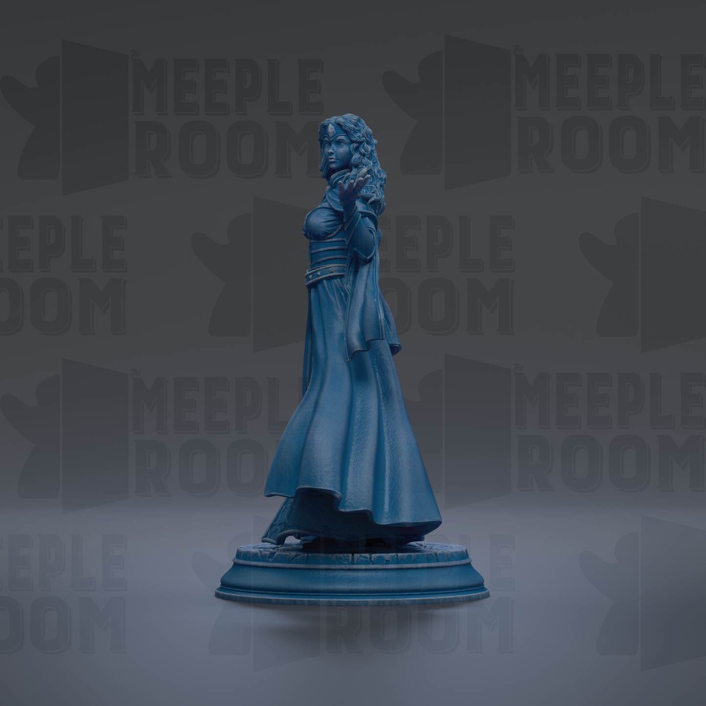 A blue statue of a woman with long hair and a flowing dress stands on a pedestal against a dark background with repeated text.