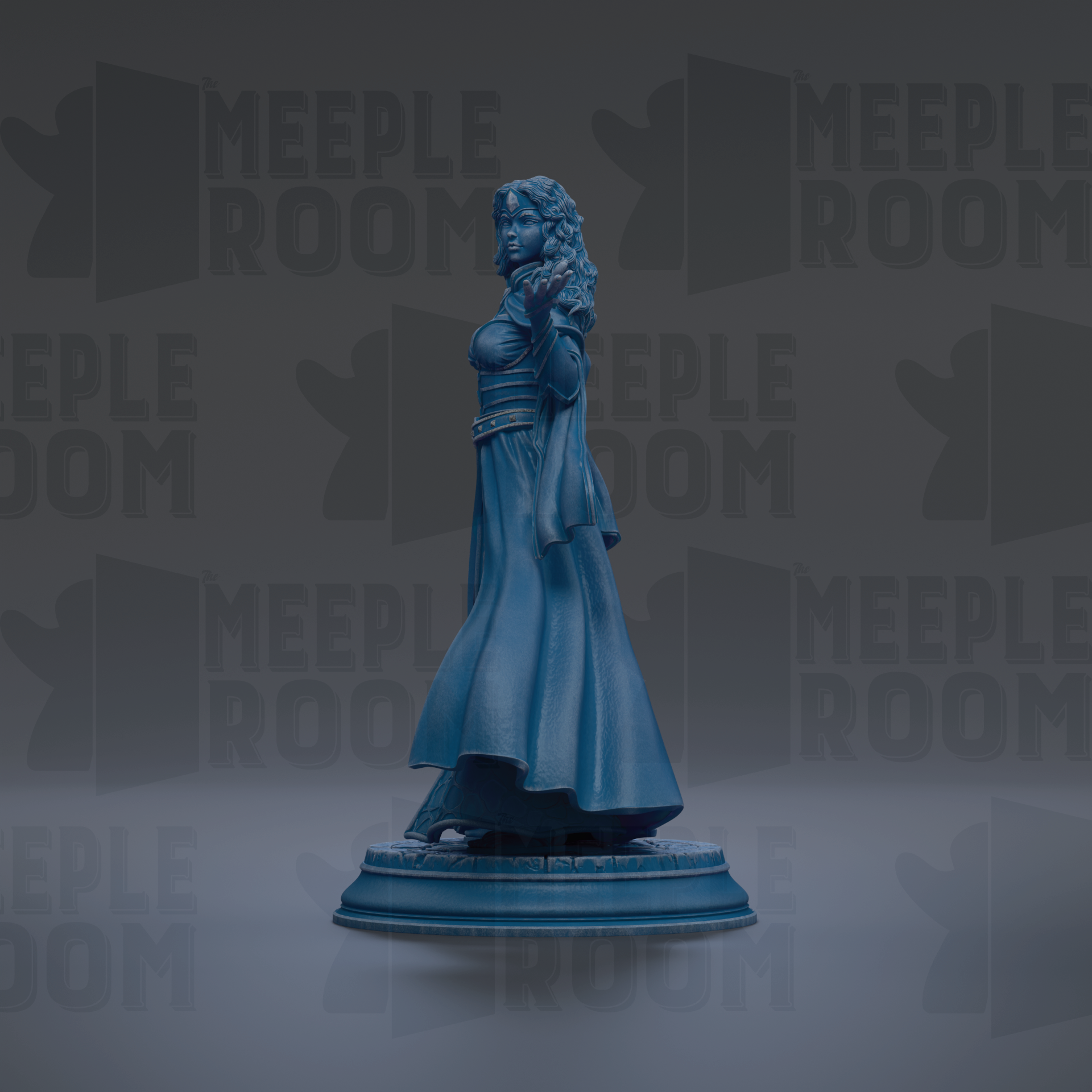 A blue statue of a woman with long hair and a flowing dress stands on a pedestal against a dark background with repeated text.