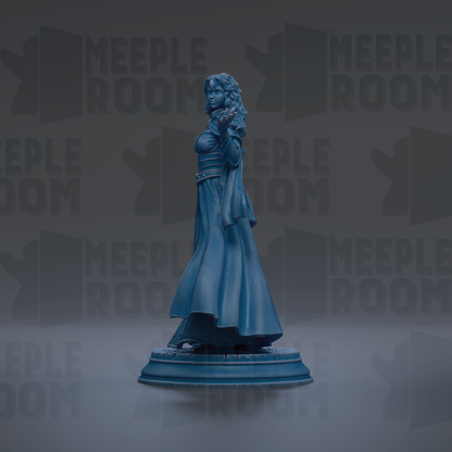 A blue statue of a woman with long hair and a flowing dress stands on a pedestal against a dark background with repeated text.