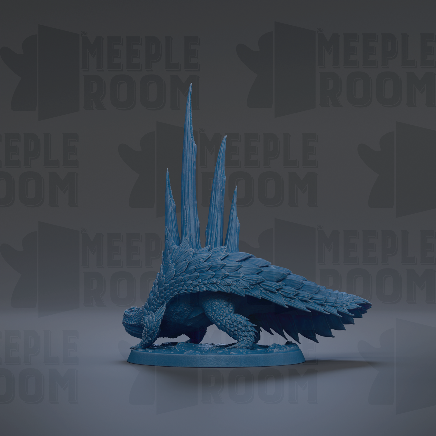 A blue, 3D-rendered model of a mythical creature with long, sharp spikes protruding from its back, standing on a base.
