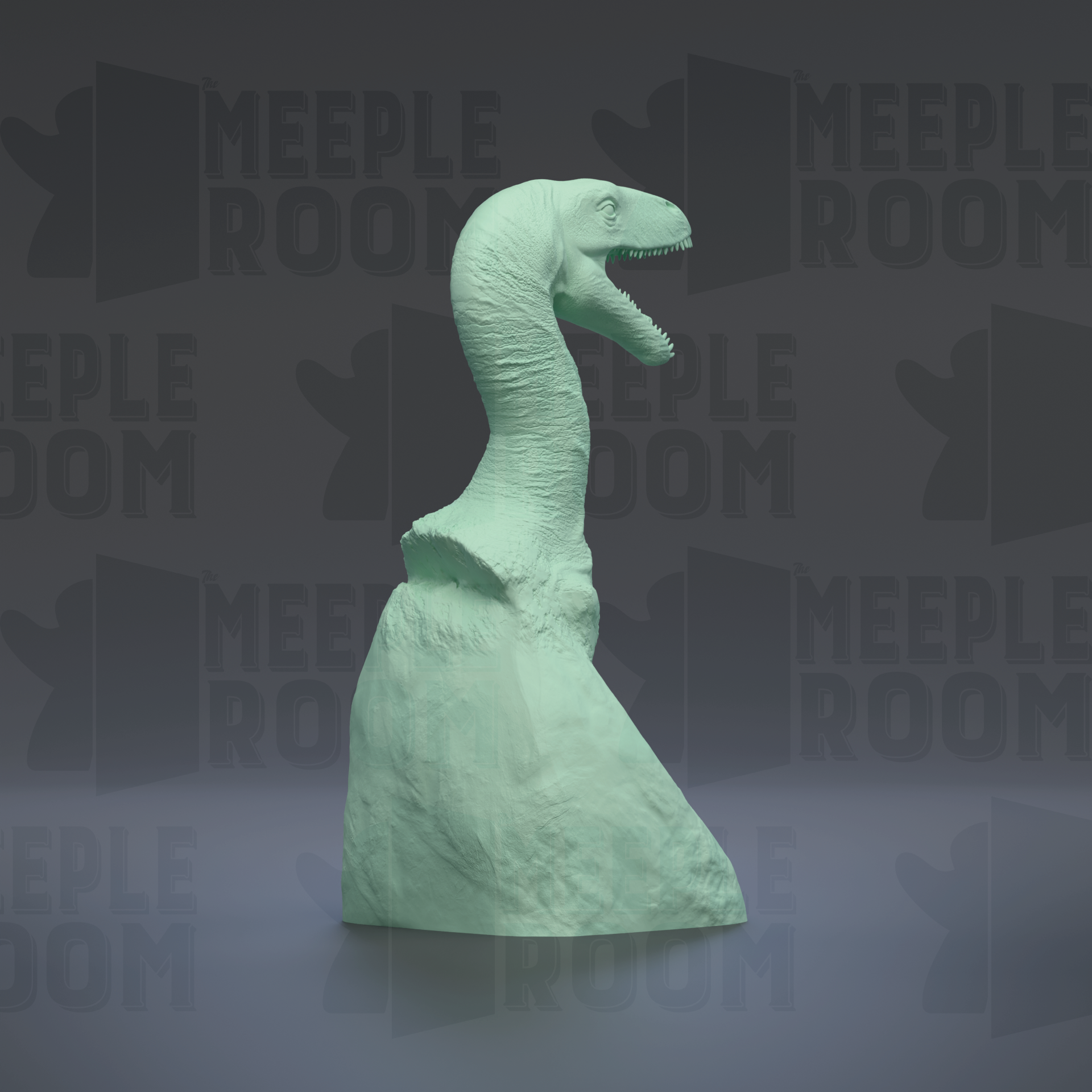 A green dinosaur head sculpture is displayed against a dark background with repeated text.