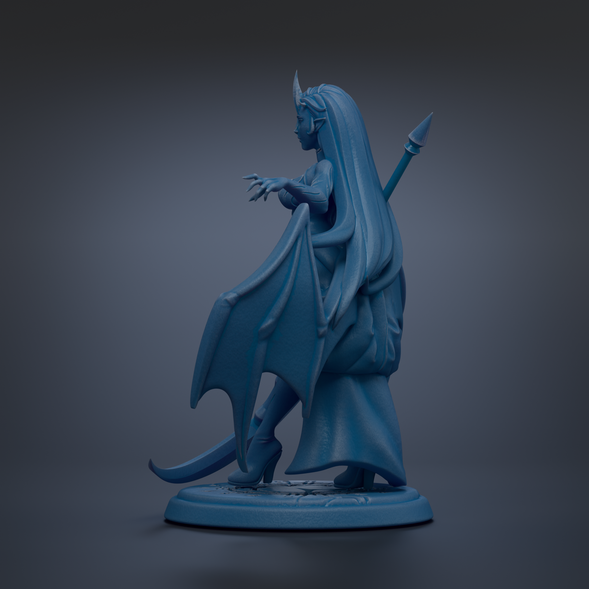 A blue statue of a winged, female figure with long hair and a pointed hat, standing on a pedestal.