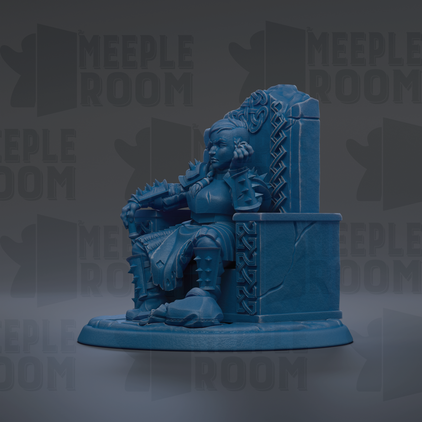 A blue figurine of a seated warrior figure, with intricate details and a fierce expression, is displayed against a dark background with repeated text.