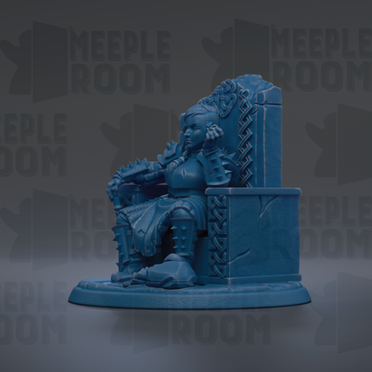 A blue figurine of a seated warrior figure, with intricate details and a fierce expression, is displayed against a dark background with repeated text.