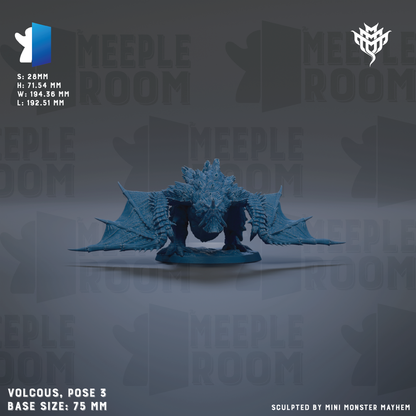 The image is a 3D model of a volcous, a type of mythical creature, with wings and a tail. The base size of the model is 75 millimeters. The image is a sculpture, and it is posed in a standing position. The background of the image is gray, and there is text that reads "MEIPLE ROOM" repeated multiple times throughout the image.