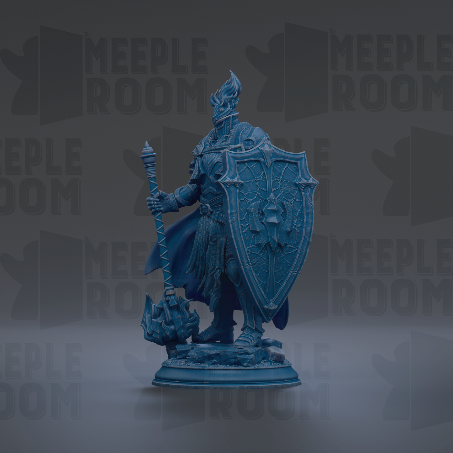 A blue statue of a knight holding a shield and sword, standing in front of a repeating pattern of the word "MEIPLLE ROOM".