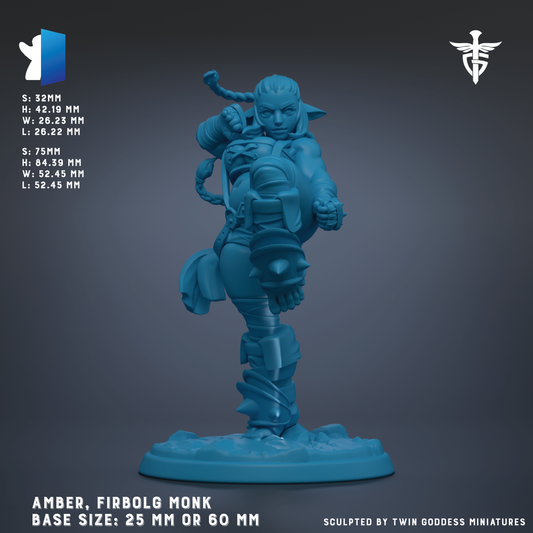 The image is a 3D model of a figurine of a character named Amber, a Fibrbol Monk, with a base size of 25 mm or 60 mm.