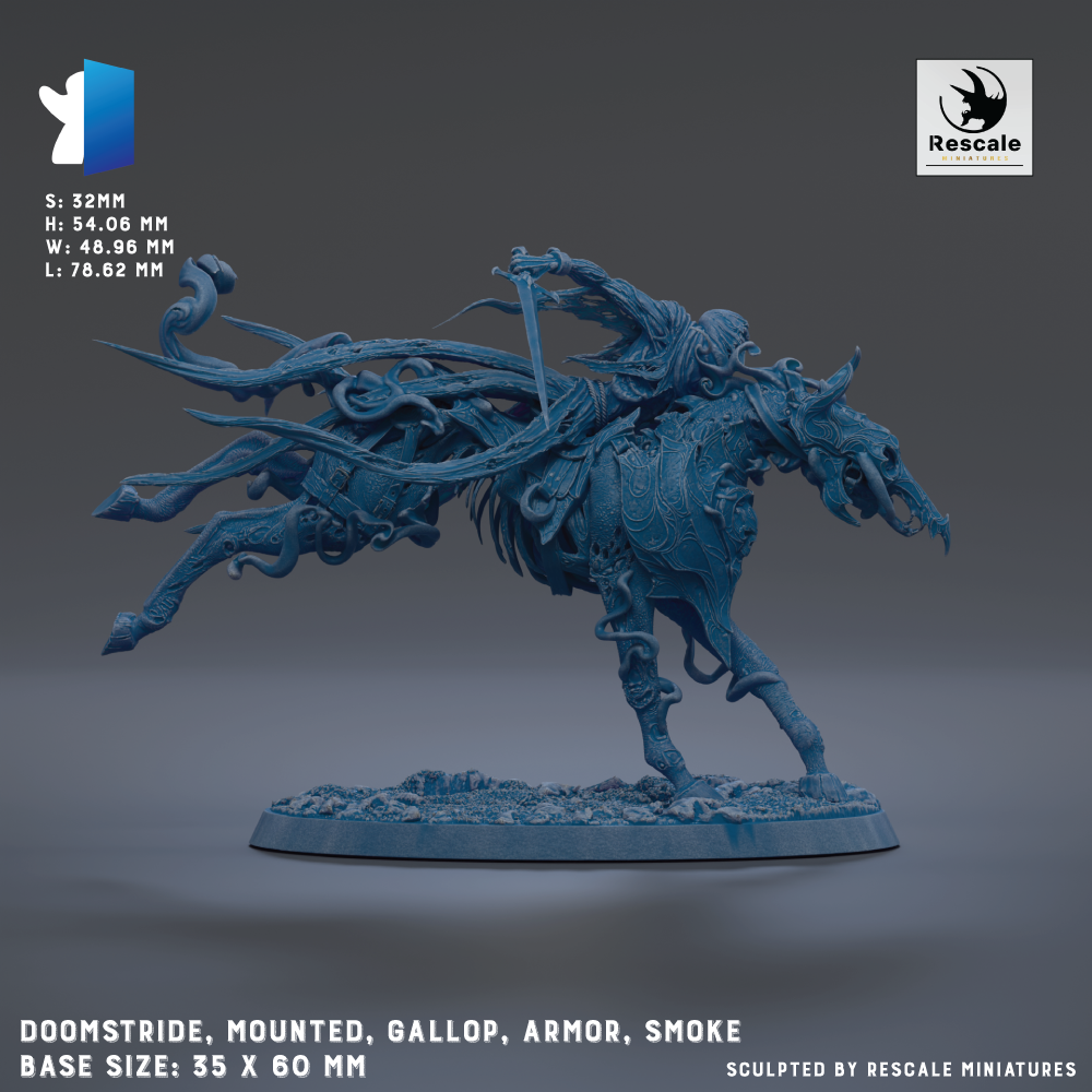 a detailed, sculpted figurine of a fantastical creature with a large head, long neck, and flowing, intricate body. The creature appears to be mounted on a horse-like structure, with a sword in its hand. The base size of the figurine is 35 x 60 mm. The image is a collage of multiple images, and it is created by Rescale miniatures.