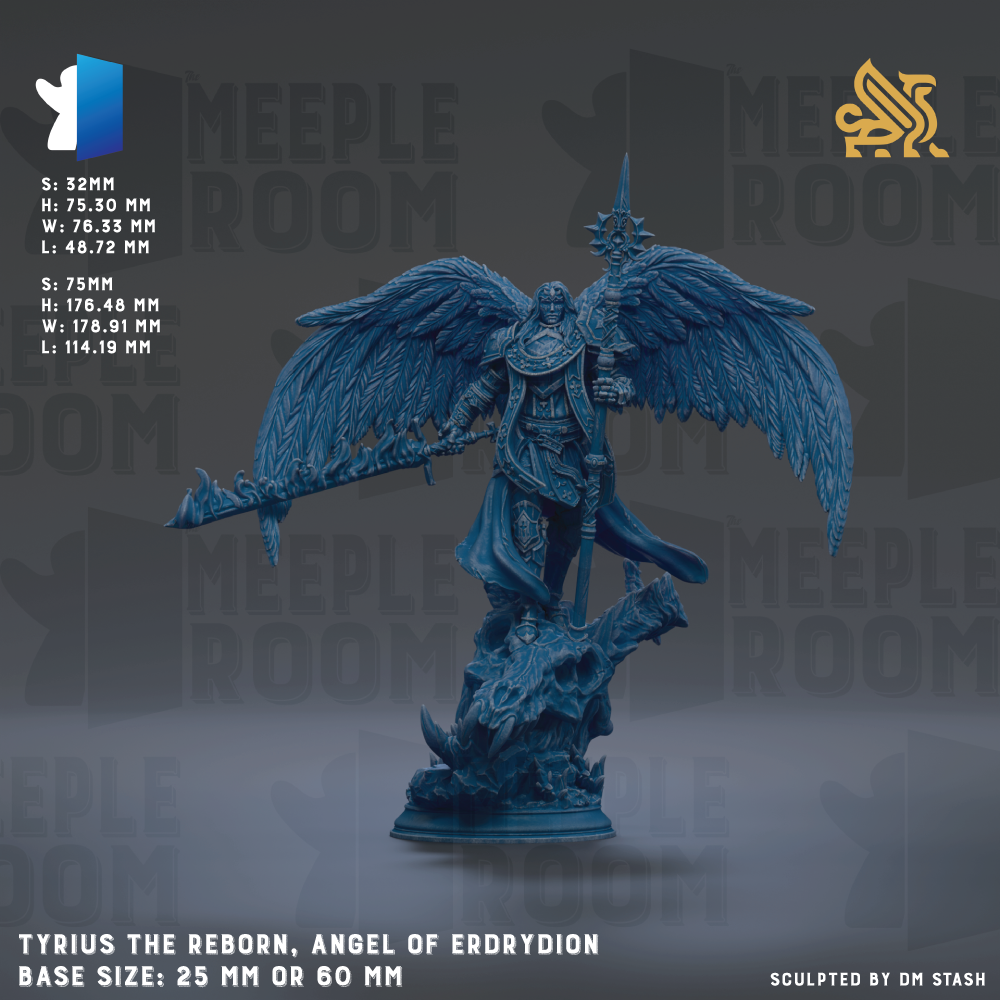a blue figurine of a winged warrior standing on a rock, holding a sword and shield. The figurine is described as "TYRUS THE REBORN, ANGEL OF ERRYDION" and has a base size of either 25mm or 60mm. The image is a sculpture by DM Stash.