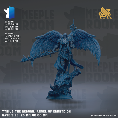 a blue figurine of a winged warrior standing on a rock, holding a sword and shield. The figurine is described as "TYRUS THE REBORN, ANGEL OF ERRYDION" and has a base size of either 25mm or 60mm. The image is a sculpture by DM Stash.