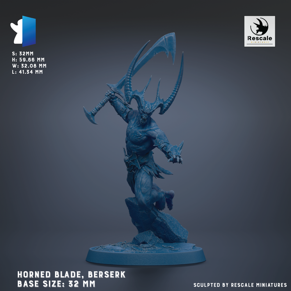 a horned blade, specifically a bererk, which is a type of fantasy weapon. The bererk is shown in a dynamic pose, with its blade raised and ready for action. The base size of the bererk is 32 mm. The image is a 3D rendering of the bererk, and it is sculpted by Rescale miniatures.