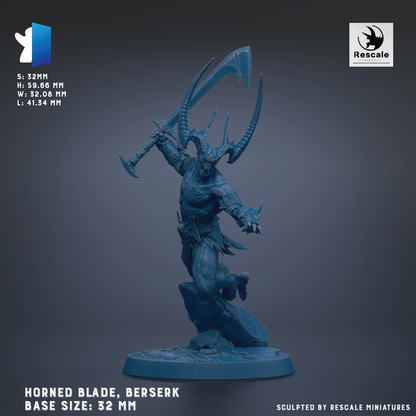 a horned blade, specifically a bererk, which is a type of fantasy weapon. The bererk is shown in a dynamic pose, with its blade raised and ready for action. The base size of the bererk is 32 mm. The image is a 3D rendering of the bererk, and it is sculpted by Rescale miniatures.