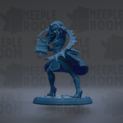 A blue figurine of a woman with long hair and a flowing skirt, holding a weapon, is the central focus of the image.