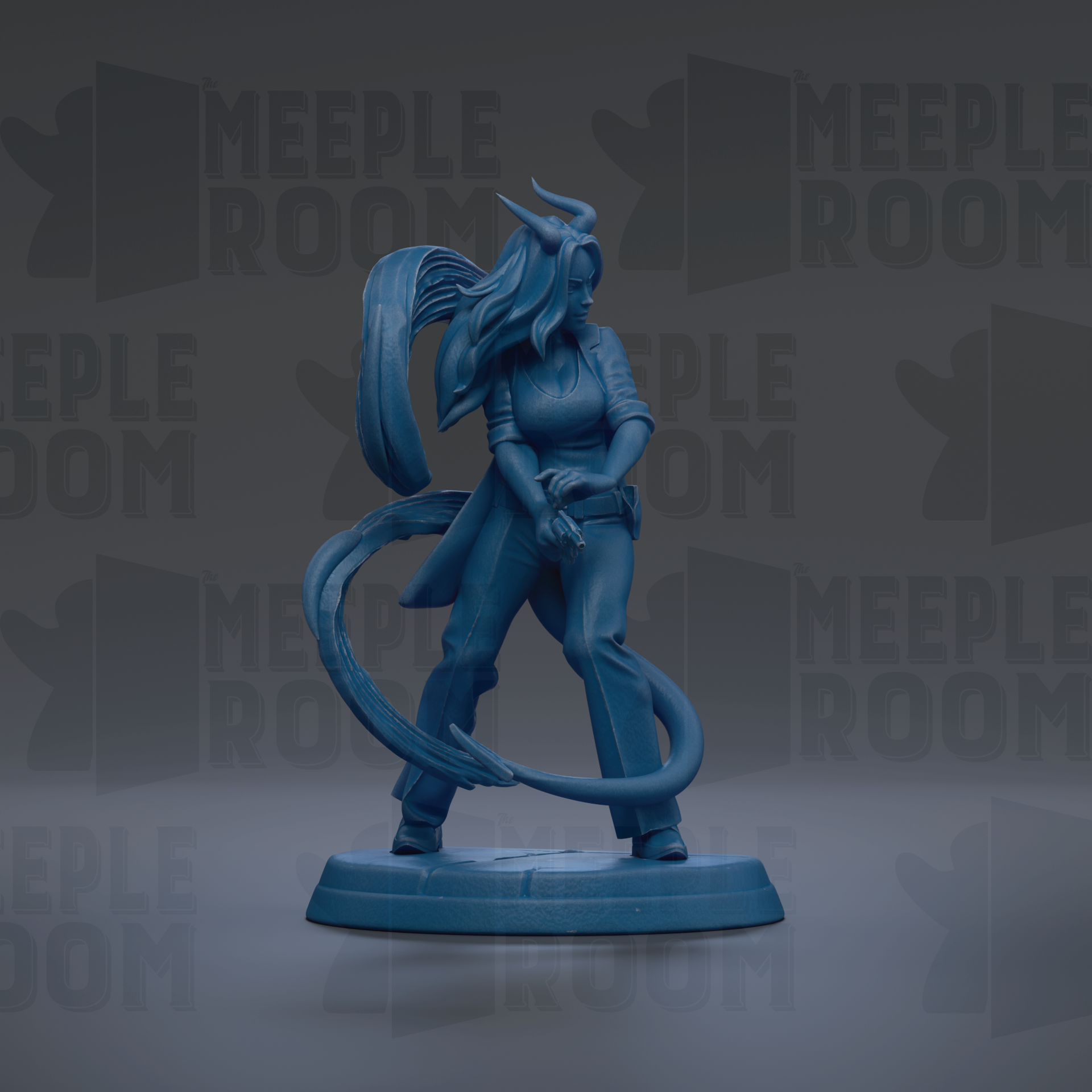 A blue figurine of a woman with long hair and horns, standing on a base and holding a weapon, against a dark background with repeated text.