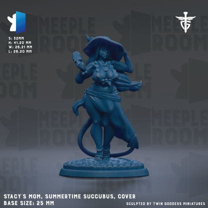 a figurine of a woman with a large hat, possibly a summertime succubus, and a blue color. The figurine is displayed on a base that is described as 25mm in size. The background of the image has the text "MEIPLE ROOM" repeated multiple times, suggesting that the image is part of a larger collection or series.