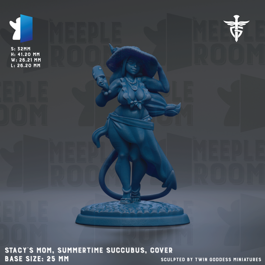 a figurine of a woman with a large hat, possibly a summertime succubus, and a blue color. The figurine is displayed on a base that is described as 25mm in size. The background of the image has the text "MEIPLE ROOM" repeated multiple times, suggesting that the image is part of a larger collection or series.