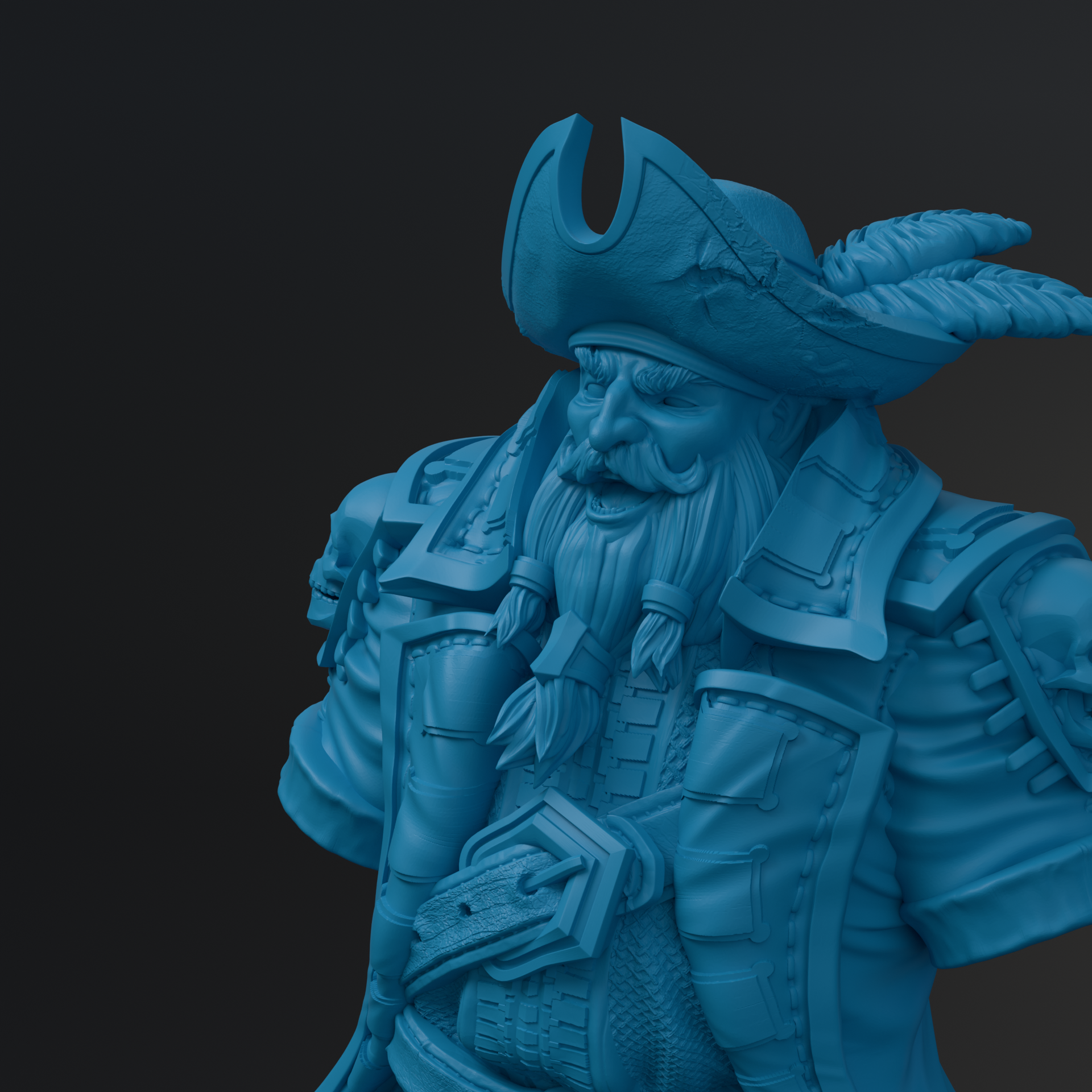A detailed 3D rendering of a pirate statue, featuring intricate details and a prominent hat.