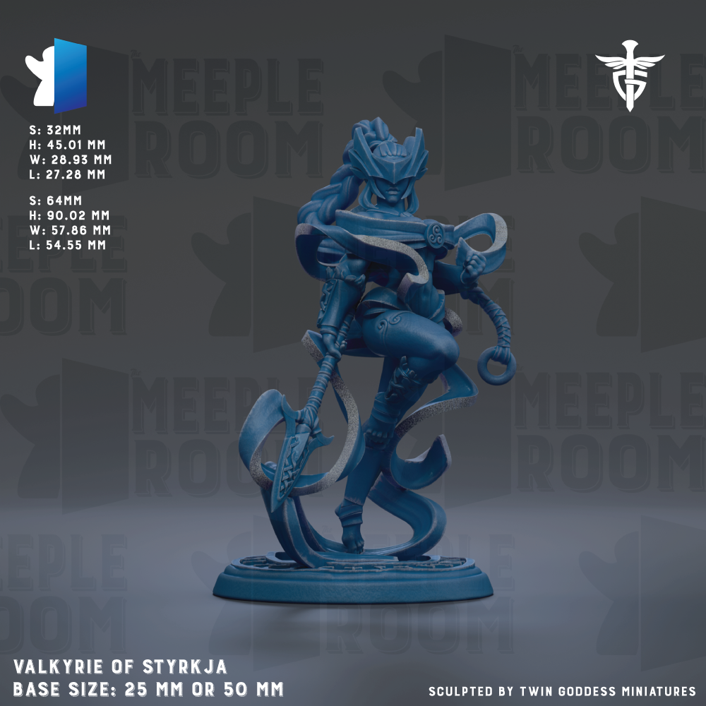 a detailed blue figurine of a female character with a sword, set against a dark background with repeated text and logos.