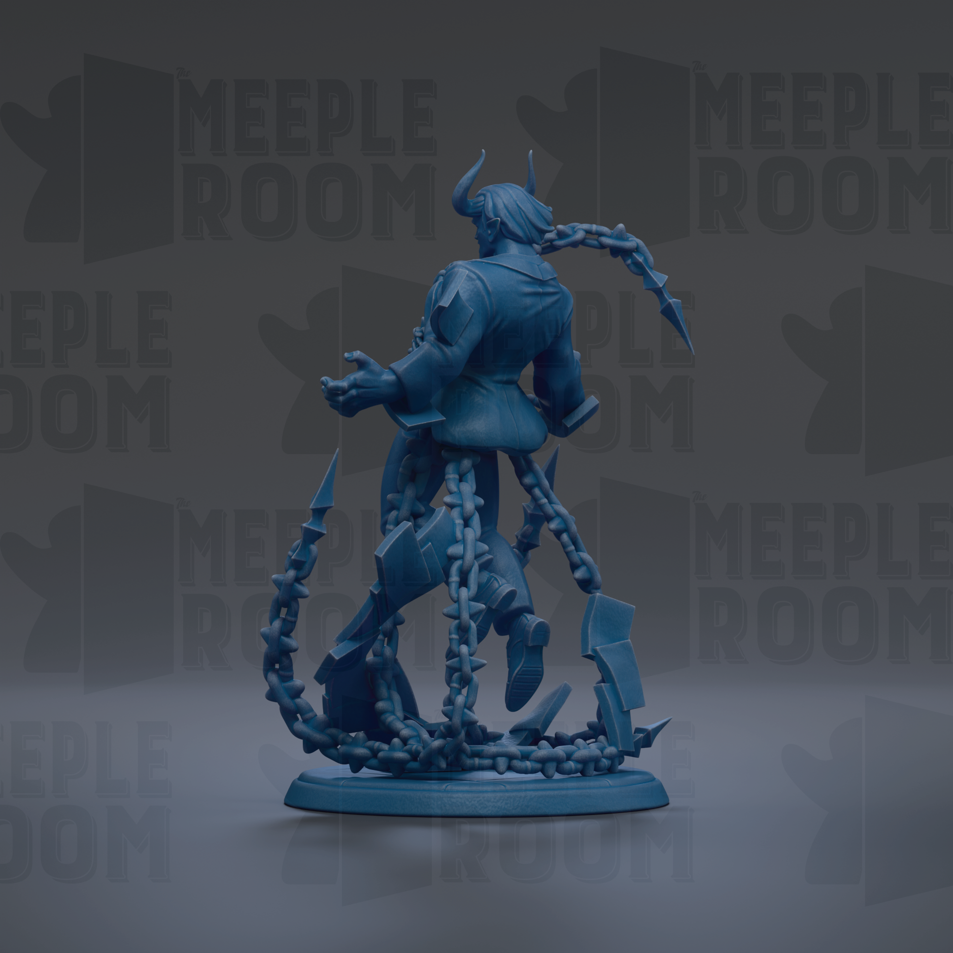 A 3D rendering of a blue, metallic character with horns and a chain around its neck, standing on a base.