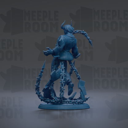 A 3D rendering of a blue, metallic character with horns and a chain around its neck, standing on a base.