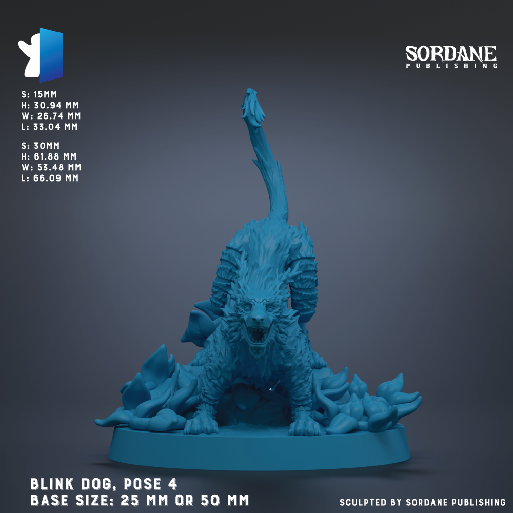The image is a 3D rendering of a blue, fantastical creature resembling a dragon or serpent, with a large head and a long, curved tail. The creature is posed in a crouched position, with its mouth open, giving the impression of roaring or growling. The creature is standing on a base that is either 25 mm or 50 mm in size, depending on the perspective. The image is described as a "Blink Dog, pose 4" and is published by Sordane Publishing.