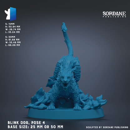 The image is a 3D rendering of a blue, fantastical creature resembling a dragon or serpent, with a large head and a long, curved tail. The creature is posed in a crouched position, with its mouth open, giving the impression of roaring or growling. The creature is standing on a base that is either 25 mm or 50 mm in size, depending on the perspective. The image is described as a "Blink Dog, pose 4" and is published by Sordane Publishing.