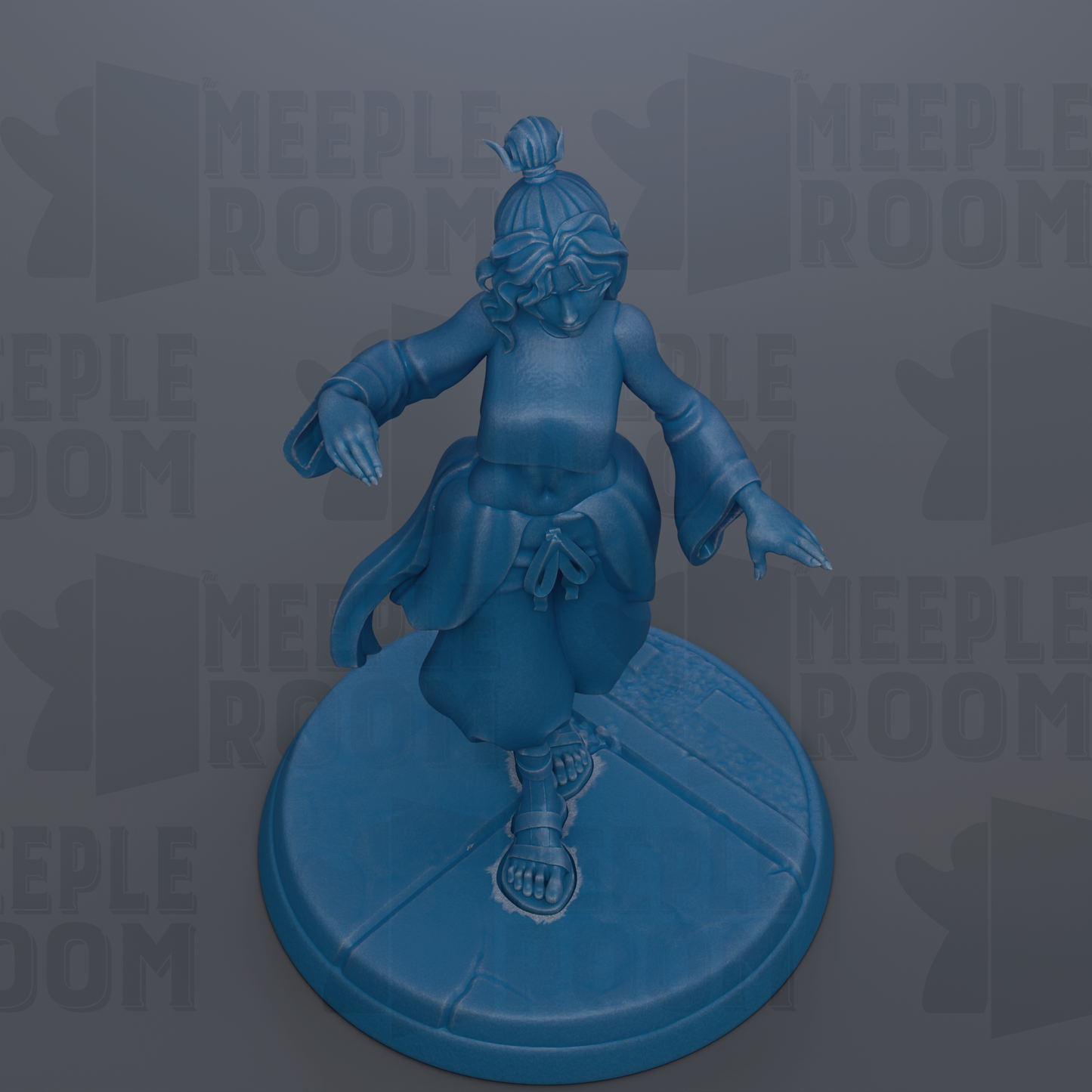 A blue figurine of a person with a bun on their head, standing on a blue base.