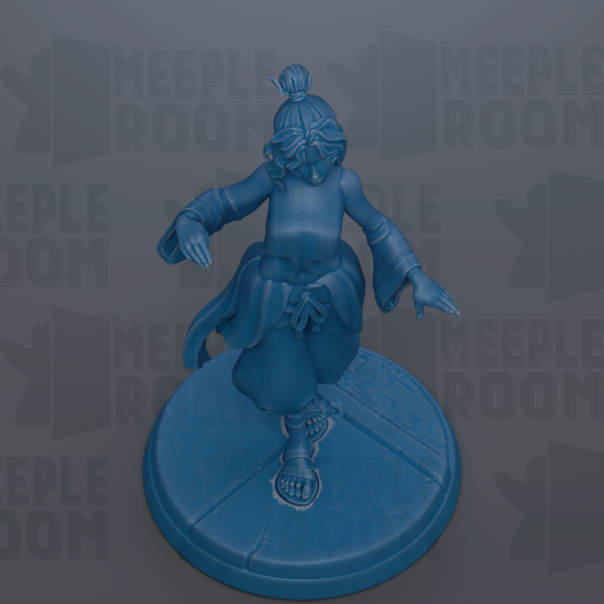 A blue figurine of a person with a bun on their head, standing on a blue base.