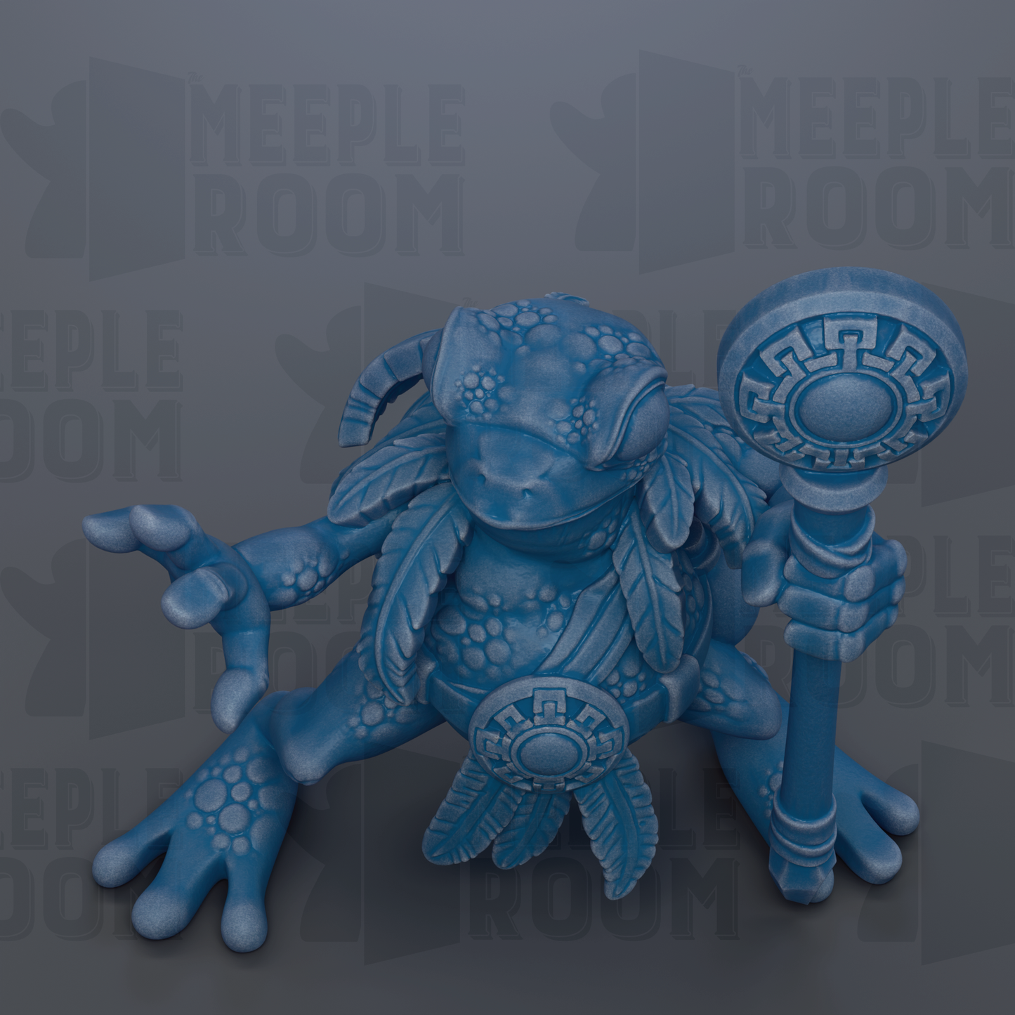 A blue, frog-like creature with a staff and decorative elements is depicted in the image.