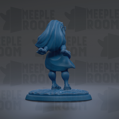 A blue figurine of a person standing on a platform against a dark background with repeated text.