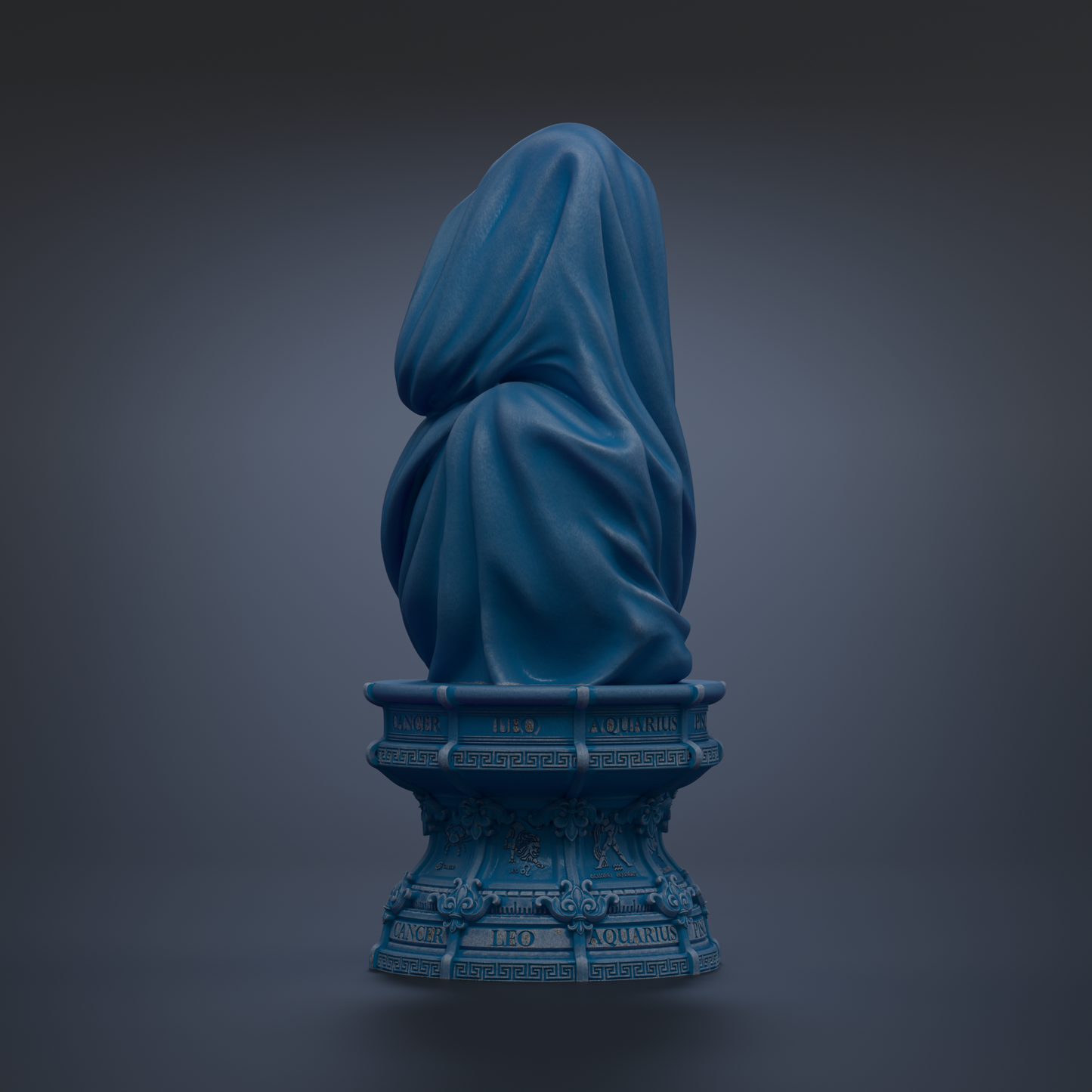 A blue statue of a person with a draped robe, standing on a pedestal with text.