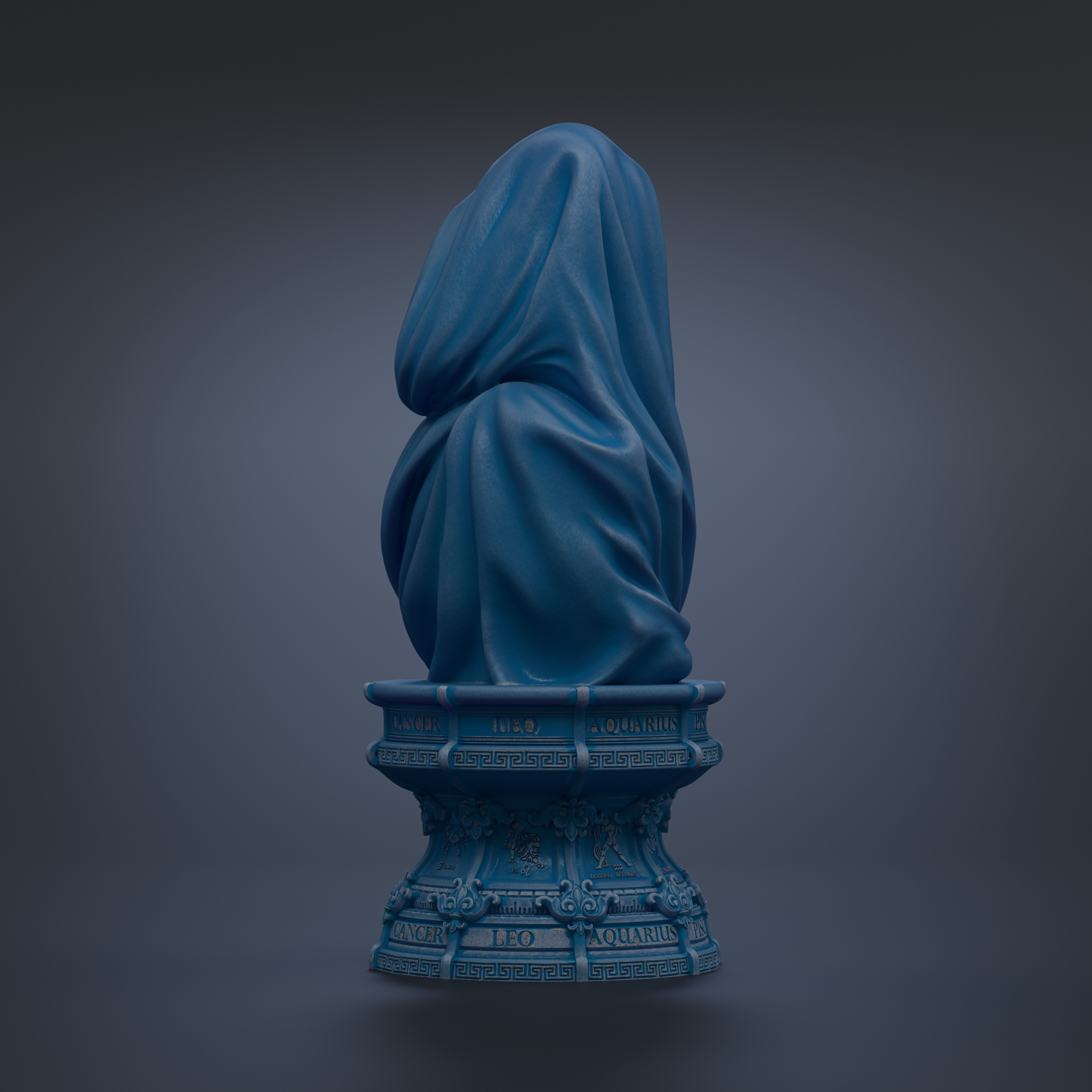 A blue statue of a person with a draped robe, standing on a pedestal with text.