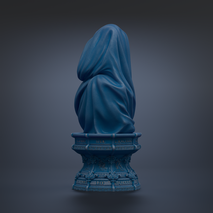 A blue statue of a person with a draped robe, standing on a pedestal with text.