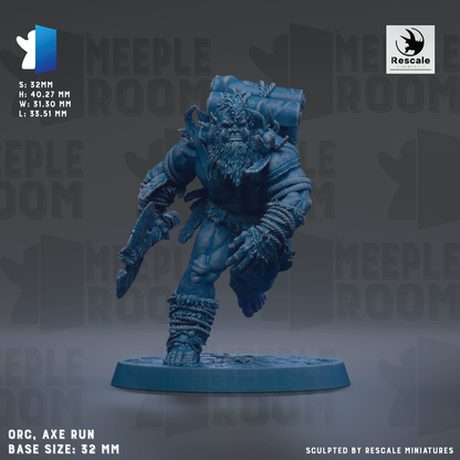 a blue figurine of a warrior-like character with a backpack, standing on a base and holding a weapon. The figurine is described as a "ORC. axe run" and has a base size of 32mm. The image is a collage of multiple images, and it is described as being "sculpted by rescale miniatures".