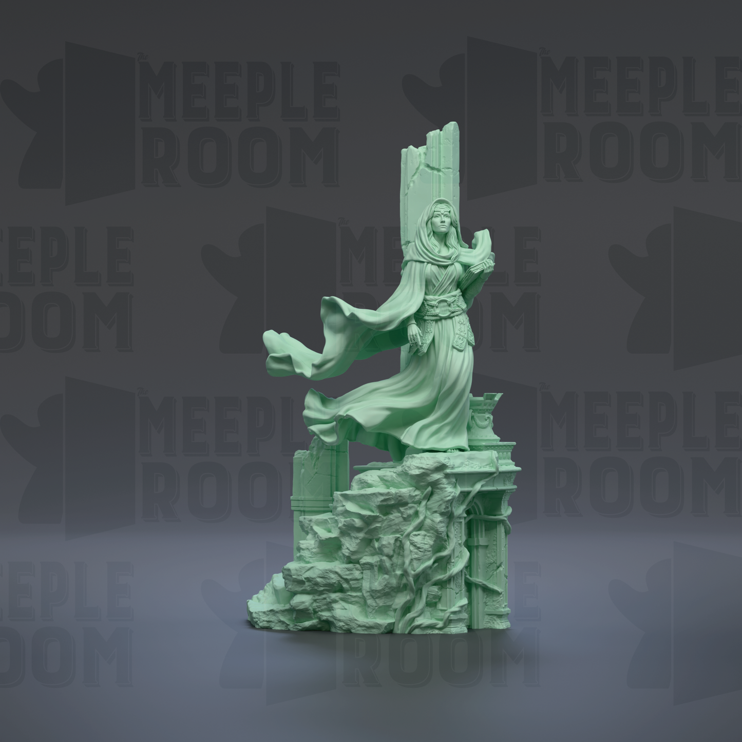 A green statue of a woman with flowing robes stands on a rocky pedestal against a dark background with repeated "MEIPLE ROOM" text.