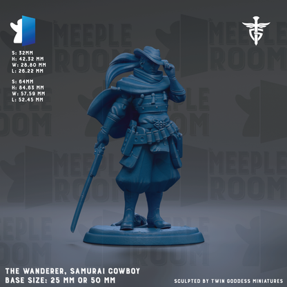 a statue of a cowboy or samurai character, with a detailed and realistic appearance. The statue is described as a "base size: 25mm or 50mm" and is shown against a dark background. The image is a collage of multiple images, and the phrase "The image depicts" is not used.